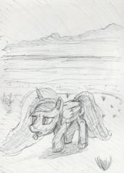 Size: 805x1125 | Tagged: safe, artist:midwestbrony, princess luna, g4, desert, female, hot, monochrome, solo, sweat, tongue out, traditional art