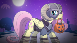 Size: 4000x2250 | Tagged: safe, artist:drawponies, fluttershy, pegasus, pony, g4, clothes, costume, crossover, cute, dovahkiin, dovahshy, female, food, moon, mouth hold, night, nightmare night, pail, pumpkin bucket, shyabetes, skyrim, solo, stars, the elder scrolls