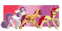 Size: 1500x767 | Tagged: safe, artist:symphstudio, apple bloom, scootaloo, sweetie belle, g4, apple bloom's bow, bow, cutie mark, cutie mark crusaders, hair bow, older, the cmc's cutie marks