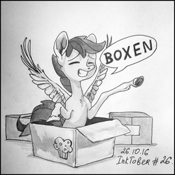 Size: 792x791 | Tagged: safe, artist:natanatfan, scootaloo, g4, box, brian regan, female, inktober, inktober 2016, monochrome, solo, traditional art