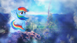 Size: 3840x2160 | Tagged: safe, artist:game-beatx14, artist:stabzor, rainbow dash, g4, female, high res, rock, rocky mountains, solo, tree, wallpaper