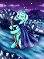 Size: 864x1152 | Tagged: safe, artist:kavaeka, lyra heartstrings, pony, unicorn, g4, bipedal, cape, clothes, colored pupils, commission, female, mountain, night, solo, staff, stars