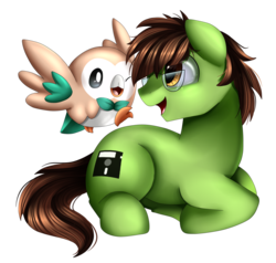Size: 2230x2126 | Tagged: safe, artist:pridark, oc, oc only, oc:analogue, earth pony, pony, rowlet, commission, glasses, high res, lying down, open mouth, pokémon, simple background, transparent background