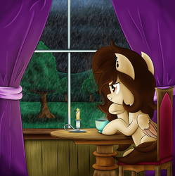 Size: 2391x2397 | Tagged: safe, artist:lifesharbinger, oc, oc only, oc:september moon, candle, chair, coffee, high res, rain, sitting, smiling, solo, table, teacup