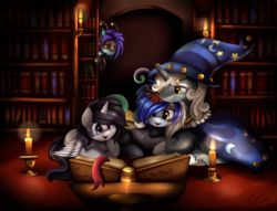 Size: 3065x2346 | Tagged: safe, artist:pridark, star swirl the bearded, oc, g4, book, candle, cape, clothes, commission, cute, fascinating, fire, hat, high res, library, open mouth, reading, signature, swirlabetes, wizard hat