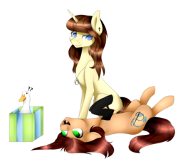 Size: 2817x2607 | Tagged: safe, artist:itsizzybel, oc, oc only, duck, earth pony, pony, unicorn, box, clothes, duo, high res, on back, simple background, sitting, socks, transparent background