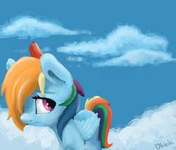 Size: 4700x4000 | Tagged: safe, artist:dbleki, rainbow dash, pony, g4, cloud, female, folded wings, hair over one eye, looking away, looking up, lying down, sky, solo