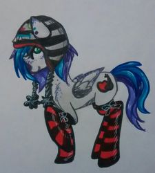 Size: 721x800 | Tagged: safe, artist:hippykat13, artist:sabokat, oc, oc only, oc:kitty sweet, bedroom eyes, bow, clothes, cute, freckles, hat, piercing, socks, solo, striped socks, traditional art