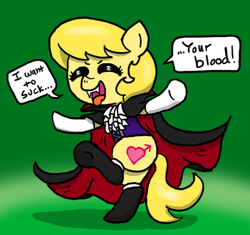 Size: 500x469 | Tagged: safe, artist:ficficponyfic, oc, oc only, oc:golden brisk, vampire, clothes, corset, fangs, femboy, halloween, male, socks, solo, speech bubble, trap