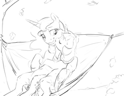 Size: 3300x2550 | Tagged: safe, artist:silfoe, princess luna, twilight sparkle, alicorn, pony, other royal book, g4, belly button, black and white, cheek kiss, cuddling, eyes closed, female, grayscale, hammock, high res, kissing, lesbian, mare, monochrome, ship:twiluna, shipping, simple background, smiling, snuggling, twilight sparkle (alicorn), white background