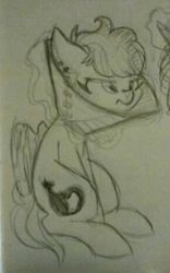 Size: 670x1075 | Tagged: safe, artist:hippykat13, artist:sabokat, oc, oc only, oc:kitty sweet, pegasus, pony, black and white, cute, elizabethan collar, grayscale, monochrome, piercing, sketch, solo, traditional art, upset