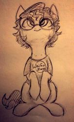 Size: 486x800 | Tagged: safe, artist:hippykat13, artist:sabokat, oc, oc only, oc:kitty sweet, pegasus, pony, black and white, clothes, cute, eyes on the prize, glasses, grayscale, monochrome, ponytail, shirt, sketch, solo, t-shirt, traditional art, waifu