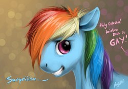Size: 1280x889 | Tagged: safe, artist:magistra, rainbow dash, g4, rule 63, smiling, solo, text