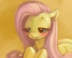 Size: 1280x1024 | Tagged: safe, artist:magistra, fluttershy, pegasus, pony, g4, blushing, cute, female, lying, shy, shyabetes, solo