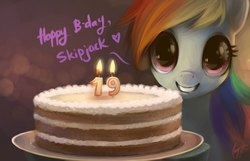 Size: 1280x826 | Tagged: safe, artist:magistra, rainbow dash, g4, birthday, cake, female, food, happy birthday, smiling, solo, text