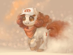 Size: 1280x960 | Tagged: safe, artist:magistra, oc, oc only, oc:popcorn, earth pony, pony, cap, clothes, female, freckles, hat, running, smiling, solo