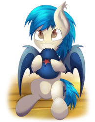 Size: 800x1026 | Tagged: dead source, safe, artist:milkychocoberry, oc, oc only, oc:moonshot, bat pony, pony, baseball cap, cute, full body, hat, nom, sitting, solo