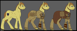 Size: 1024x410 | Tagged: dead source, safe, artist:backlash91, oc, oc only, oc:dusty trails, earth pony, pony, fallout equestria, fanfic:fallout equestria: the chrysalis, clothes, male, nudity, sheath, simple background, solo, unshorn fetlocks