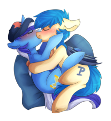 Size: 1024x1113 | Tagged: safe, artist:oddends, minuette, oc, oc:moonshot, bat pony, pony, unicorn, g4, baseball cap, blushing, canon x oc, cuddling, eyes closed, hat, kiss on the lips, kissing, making out, male, pillow, shipping, snuggling, straight