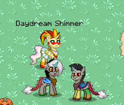 Size: 494x418 | Tagged: safe, discord, sunset shimmer, pony, pony town, equestria girls, g4, daydream shimmer, eris, rule 63