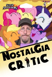 Size: 1384x2047 | Tagged: safe, edit, edited screencap, screencap, applejack, fluttershy, pinkie pie, rarity, twilight sparkle, earth pony, human, pegasus, pony, unicorn, g4, amiibo, channel awesome, facial hair, female, glasses, hat, horn, hug, irl, irl human, male, mare, meme, nostalgia critic, not salmon, photo, super smash bros., wat