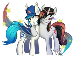 Size: 1000x792 | Tagged: safe, artist:alidythera, oc, oc only, oc:general blitz, oc:moonshot, bat pony, pony, unicorn, baseball cap, corrupted, hat, peaked cap, simple background, sombra eyes, transparent background