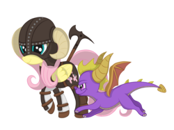 Size: 2592x1936 | Tagged: safe, artist:squipycheetah, fluttershy, dragon, pegasus, pony, g4, axe, badass, battle axe, crossover, cute, dovahkiin, dovahshy, duo, female, flutterbadass, folded wings, friendshipping, happy, helmet, horn, horned helmet, horns, looking back, looking down, looking up, mare, running, simple background, skyrim, smiling, spread wings, spyro the dragon, spyro the dragon (series), the elder scrolls, transparent background, vector, walking, weapon