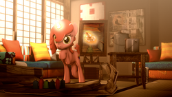 Size: 1920x1080 | Tagged: safe, artist:sourcerabbit, oc, oc only, oc:ruby brush, 3d, bottle, bucket, couch, hair over one eye, looking at you, magic, painting, pillow, raised hoof, solo, source filmmaker, table, thinking, window