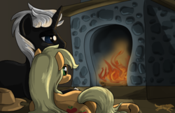 Size: 5100x3300 | Tagged: safe, artist:lostinthetrees, applejack, oc, oc:ben herrin, g4, applejack's hat, butt, canon x oc, cowboy hat, fireplace, hat, jackherrin, loose hair, plot, prone, shipping