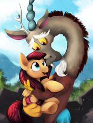 Size: 1688x2250 | Tagged: safe, artist:blackligerth, discord, fluttershy, pegasus, pony, g4, to where and back again, cute, discute, fluffy, hug, male, realistic, scene interpretation, ship:discoshy, shipping, shyabetes, smiling, straight
