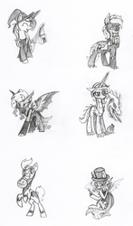 Size: 1280x2175 | Tagged: safe, artist:agentkirin, fili-second, oc, oc only, oc:azure glory, oc:buttercup, oc:clever comet, oc:feather fluff, oc:galaxy star, oc:sky song, oc:stitches, bat pony, dracony, hybrid, pony, timber wolf, vampire, clothes, costume, monochrome, mr hyde, nightmare night, power ponies, witch