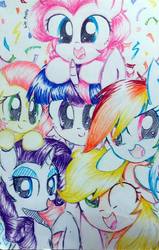 Size: 573x899 | Tagged: safe, artist:liaaqila, applejack, fluttershy, pinkie pie, rainbow dash, rarity, twilight sparkle, g4, collaboration, cute, group, looking at you, mane six, traditional art