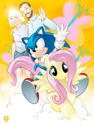 Size: 865x1153 | Tagged: safe, artist:handtoeye, fluttershy, human, g4, cloud, commission, crossover, male, sonic the hedgehog, sonic the hedgehog (series)