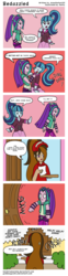 Size: 768x3079 | Tagged: safe, artist:goddessgoodra, aria blaze, sonata dusk, oc, oc:cupcake slash, comic:bedazzled, equestria girls, g4, aria blaze is not amused, comic, door slam, exact words, female, food, hat, implied adagio dazzle, pizza, pizza hut, ponytail, pun, reference, siblings, sisters, sonataco, taco pizza, that's it, this will end in pain, unamused