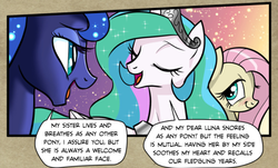 Size: 692x417 | Tagged: safe, artist:pencils, edit, fluttershy, princess celestia, princess luna, comic:anon's pie adventure, g4, blushing, compliment, cropped, crown, dialogue, drunk, drunkershy, eyes closed, jewelry, lidded eyes, necklace, nostalgia, open mouth, regalia, sisters, smiling, speech bubble, text