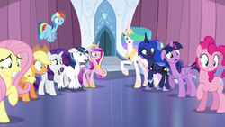 Size: 1280x720 | Tagged: safe, screencap, applejack, fluttershy, pinkie pie, princess cadance, princess celestia, princess luna, rainbow dash, rarity, shining armor, twilight sparkle, alicorn, pony, g4, the crystalling, alicorn tetrarchy, floppy ears, mane six, shocked, twilight sparkle (alicorn)