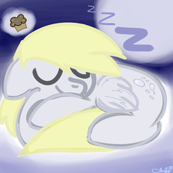 Size: 3000x3000 | Tagged: safe, artist:cloufy, derpy hooves, pegasus, pony, g4, female, food, high res, mare, muffin, sleeping, solo, zzz