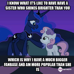 Size: 548x549 | Tagged: safe, edit, edited screencap, screencap, princess luna, sweetie belle, for whom the sweetie belle toils, g4, discussion in the comments, duckery in the comments, hub logo, impact font, meme