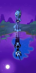 Size: 1280x2560 | Tagged: safe, artist:durger, nightmare moon, princess luna, g4, duality, female, lake, moon, night, reflection, s1 luna, solo, water