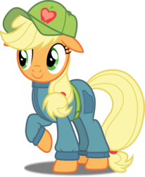 Size: 4118x5000 | Tagged: safe, artist:dashiesparkle, applejack, g4, the cart before the ponies, absurd resolution, cap, clothes, cute, female, floppy ears, hat, jackabetes, mechanic, overalls, raised hoof, simple background, smiling, solo, transparent background, vector