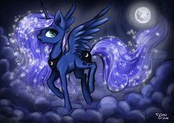 Size: 3508x2480 | Tagged: safe, artist:cvanilda, princess luna, alicorn, pony, g4, cloud, female, full moon, high res, moon, night, night sky, sky, solo, spread wings, stars