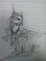 Size: 1920x2560 | Tagged: safe, artist:nuttypanutdy, princess celestia, g4, female, grayscale, inktober, lined paper, monochrome, raised hoof, solo, spread wings, traditional art