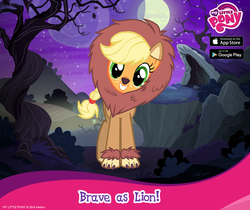 Size: 940x788 | Tagged: safe, gameloft, screencap, applejack, earth pony, pony, g4, official, animal costume, applelion, clothes, costume, cute, engrish, female, grin, jackabetes, looking at you, mare, my little pony logo, nightmare night costume, smiling, solo