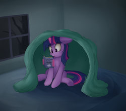 Size: 1659x1450 | Tagged: safe, artist:vanillaghosties, sweetie belle, twilight sparkle, pony, unicorn, g4, blanket, book, female, filly, floppy ears, ghost story, glowing horn, horn, indoors, magic, mare, night, reading, sitting, telekinesis, tree, when you see it, window