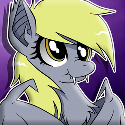Size: 3000x3000 | Tagged: safe, artist:taartje123, derpy hooves, bat pony, pony, g4, :t, abstract background, bat ears, bat ponified, batty hooves, bust, chest fluff, cute, derpabetes, derpybat, ear tufts, fangs, female, gradient background, high res, mare, nose wrinkle, purple background, race swap, scrunchy face, simple background, smiling, solo, spread wings, wings
