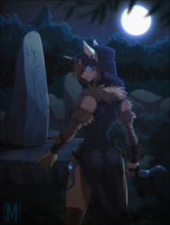 Size: 1135x1500 | Tagged: safe, artist:margony, oc, oc only, unicorn, anthro, anthro oc, clothes, forest, full moon, knife, looking at you, looking back, moon, piercing, scenery, side slit, solo, stars