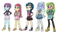 Size: 1000x549 | Tagged: safe, artist:kul, indigo zap, lemon zest, sour sweet, sugarcoat, sunny flare, equestria girls, g4, alternate clothes, alternate hairstyle, casual, clothes, converse, crystal prep shadowbolts, dress, goggles, headphones, jacket, loose hair, pantyhose, shadow five, shoes, sneakers, stockings, trace