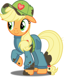 Size: 4183x5000 | Tagged: safe, artist:dashiesparkle, applejack, g4, the cart before the ponies, absurd resolution, cap, clothes, cute, dirty, female, floppy ears, grease, hat, jackabetes, mechanic, overalls, raised hoof, simple background, smiling, solo, transparent background, vector