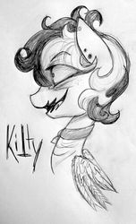 Size: 486x800 | Tagged: safe, artist:hippykat13, artist:sabokat, oc, oc only, oc:kitty sweet, black and white, clipped wings, collar, ear piercing, earring, grayscale, jewelry, monochrome, piercing, scar, solo, traditional art