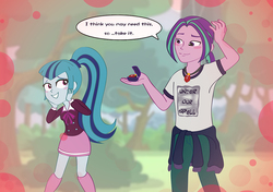 Size: 1024x720 | Tagged: safe, artist:jessiexie, aria blaze, sonata dusk, equestria girls, g4, blushing, clothes, dialogue, equestria guys, half r63 shipping, jewelry, male, necklace, ouverdusk, ouvertis grandioso, rule 63, ship:arisona, shipping, shirt, shirt around waist, straight, t-shirt